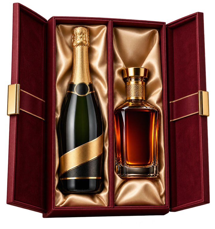 A Yodla celebration gift set with sparkling wine and a dark spirit